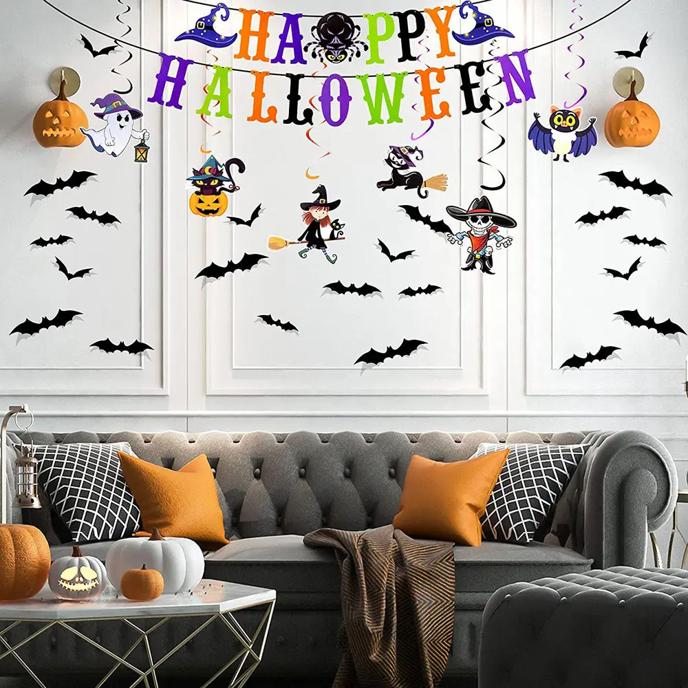 High Quality Happy Halloween Letter Flag Pumpkin Witch Black Cat Spiral Pendant Bat Sticker Set Party Decoration