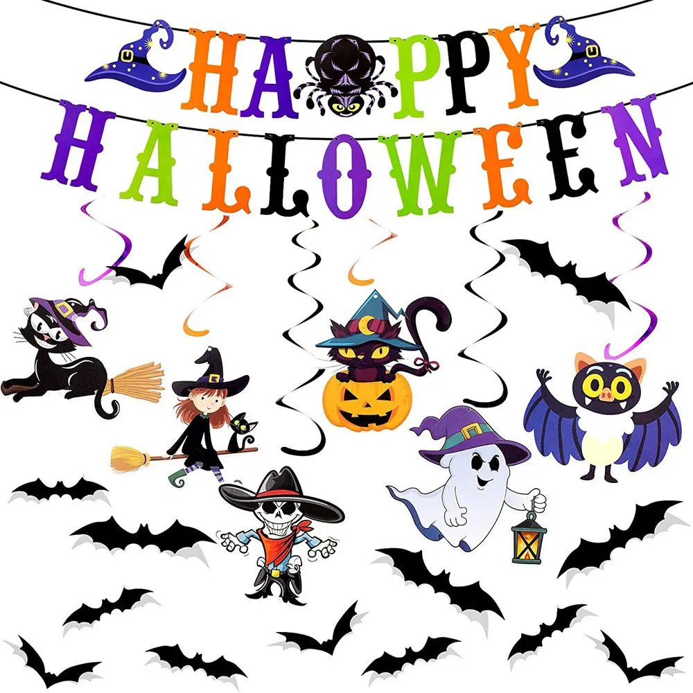 High Quality Happy Halloween Letter Flag Pumpkin Witch Black Cat Spiral Pendant Bat Sticker Set Party Decoration