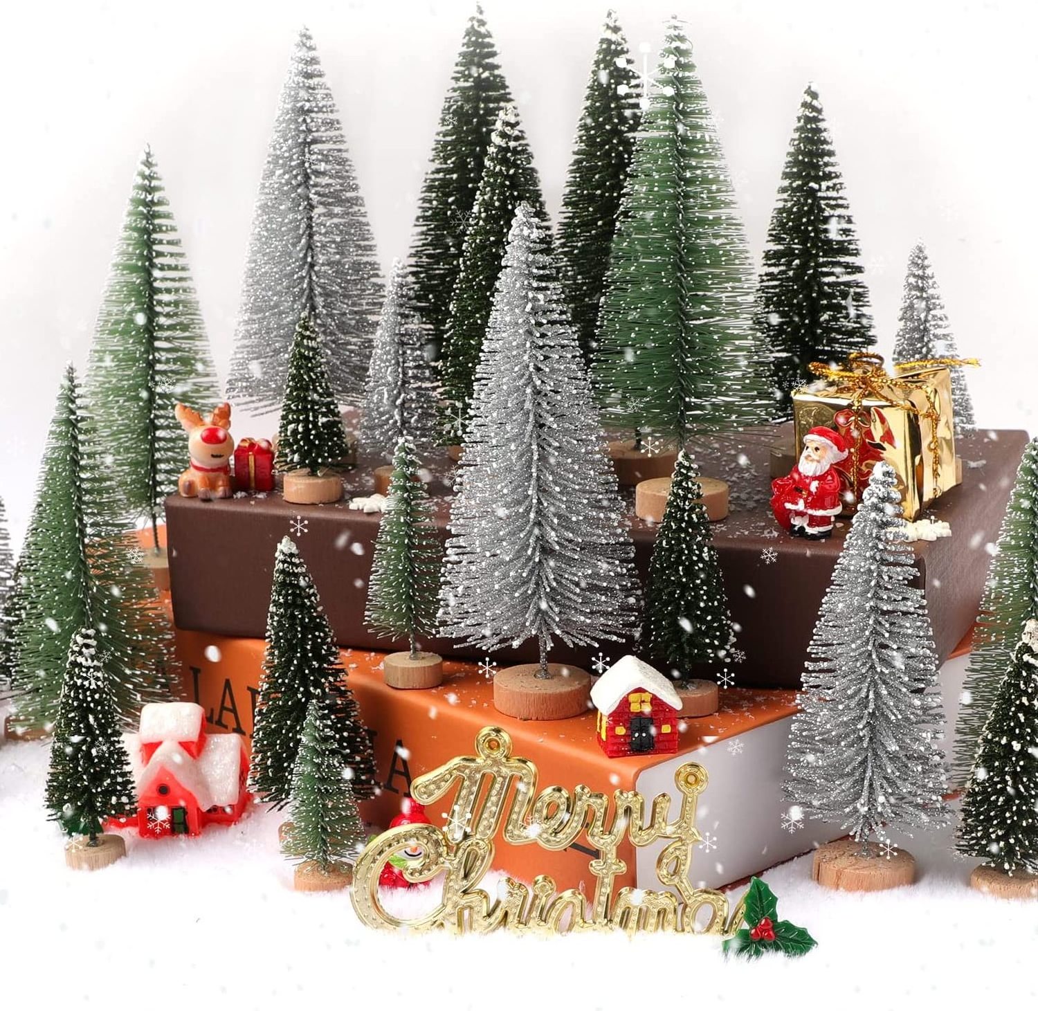 Desktop Mini Christmas Tree Tabletop Artificial Christmas Bottle Brush Pine Trees Wooden Base Snow Tree for Christmas Decor