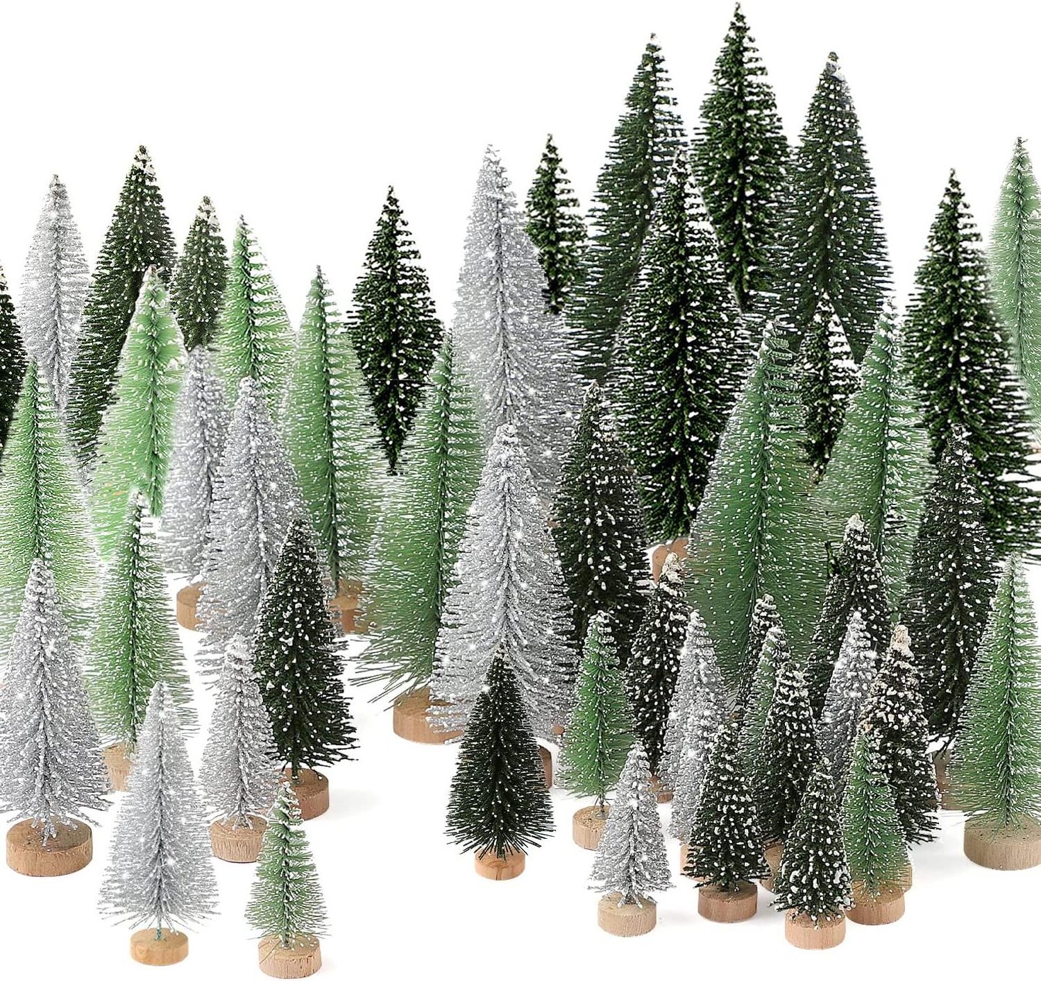 Desktop Mini Christmas Tree Tabletop Artificial Christmas Bottle Brush Pine Trees Wooden Base Snow Tree for Christmas Decor