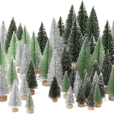 Desktop Mini Christmas Tree Tabletop Artificial Christmas Bottle Brush Pine Trees Wooden Base Snow Tree for Christmas Decor