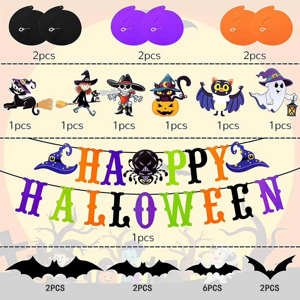 High Quality Happy Halloween Letter Flag Pumpkin Witch Black Cat Spiral Pendant Bat Sticker Set Party Decoration