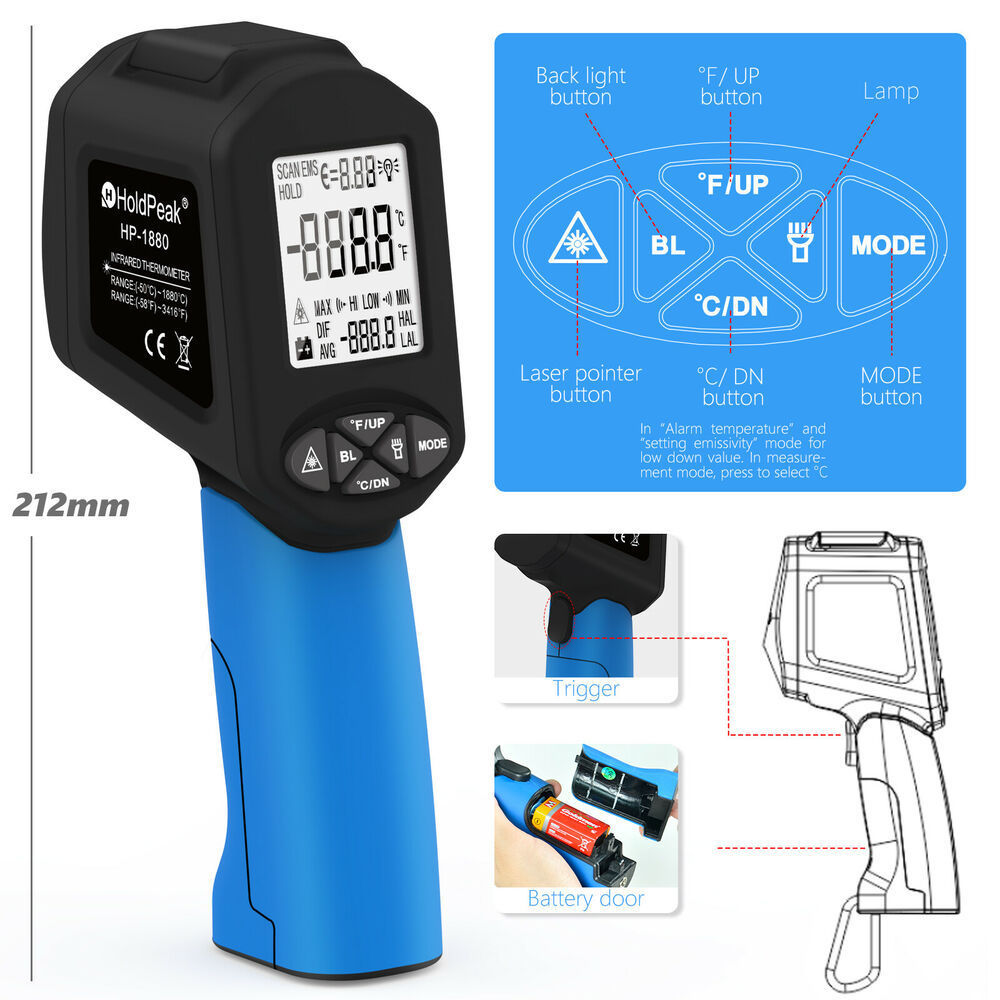 HOLDPEAK HP-1880 Infrared Thermometer Non-Contact Thermometer with LCD Display& Dual IR Laser Digital Pyrometer C/FSelection