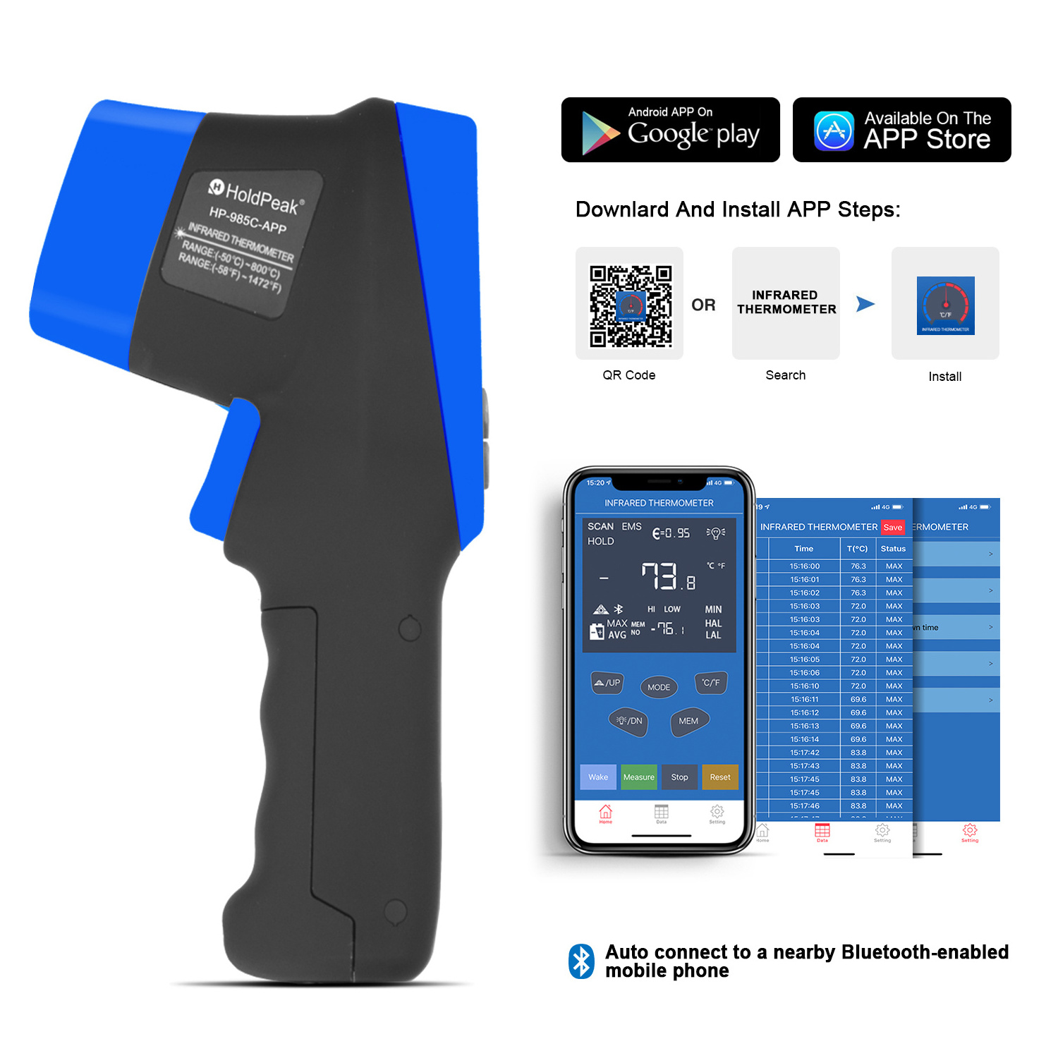 HoldPeak HP-985C-APP IR Infrared Thermometer Handhold -50-800C/-58-1472'F Temperature Meter Gun IR Thermometer W/Bluetooth APP