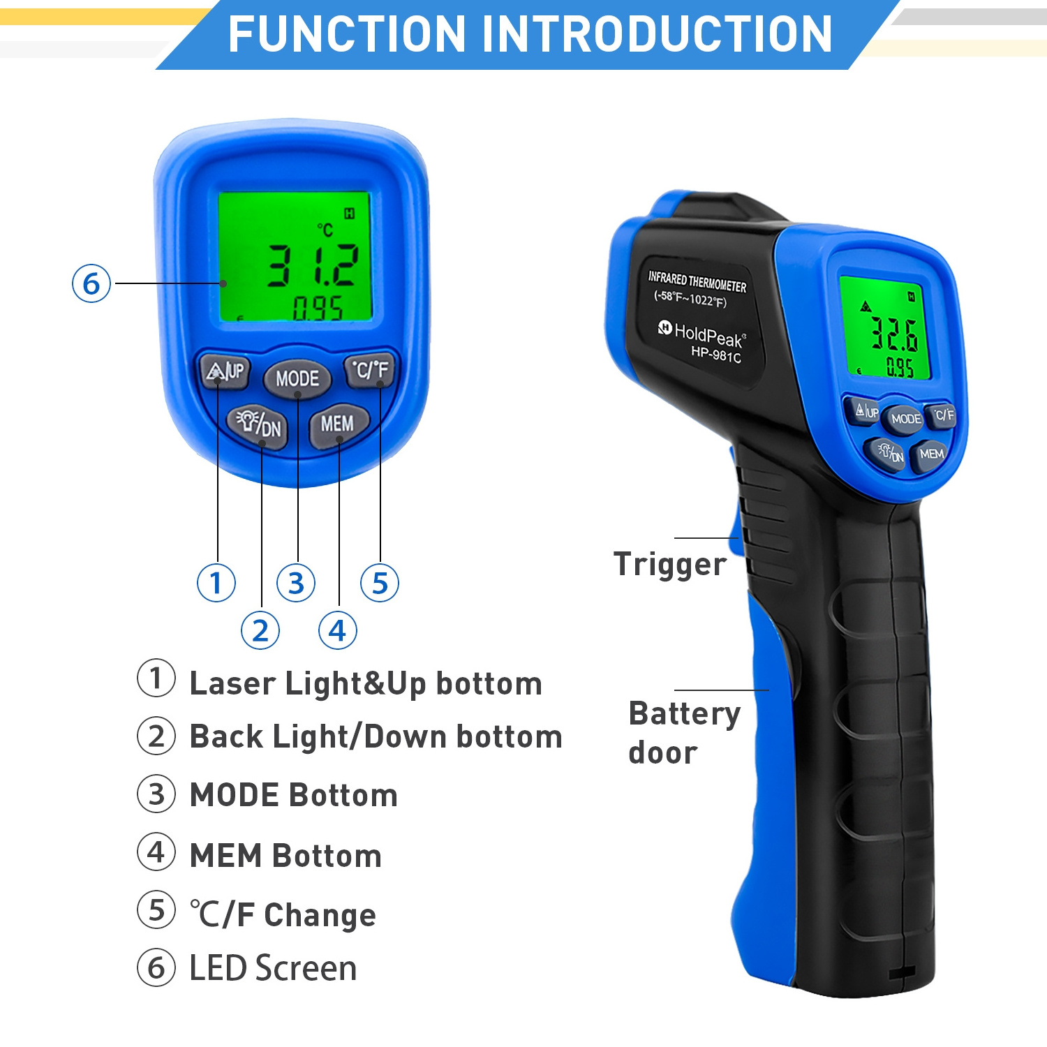 HoldPeak HP-981C Digital IR Thermometer -30~550'C/-22~1022'F Non-Contact Temperature Meter Gun with Data Hold and Backlight