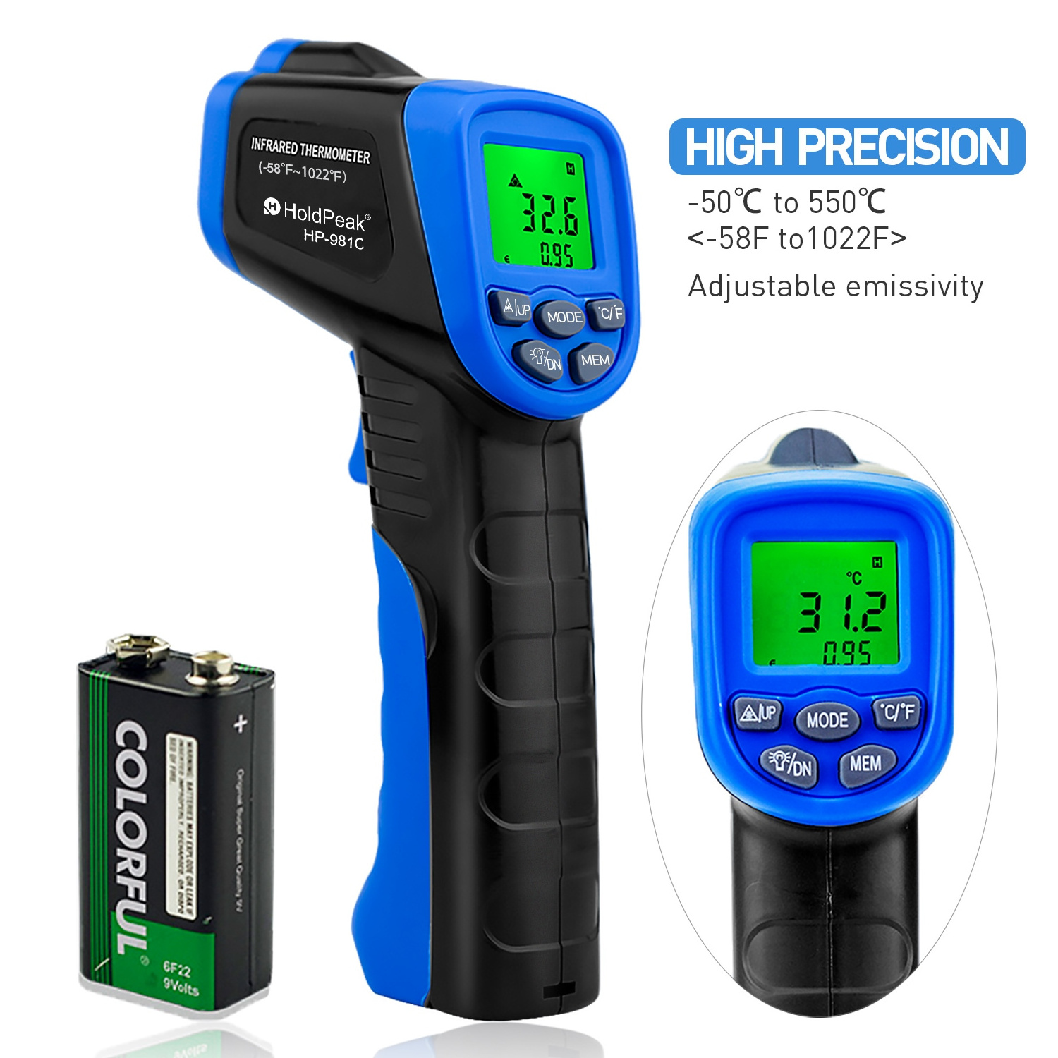 HoldPeak HP-981C Digital IR Thermometer -30~550'C/-22~1022'F Non-Contact Temperature Meter Gun with Data Hold and Backlight