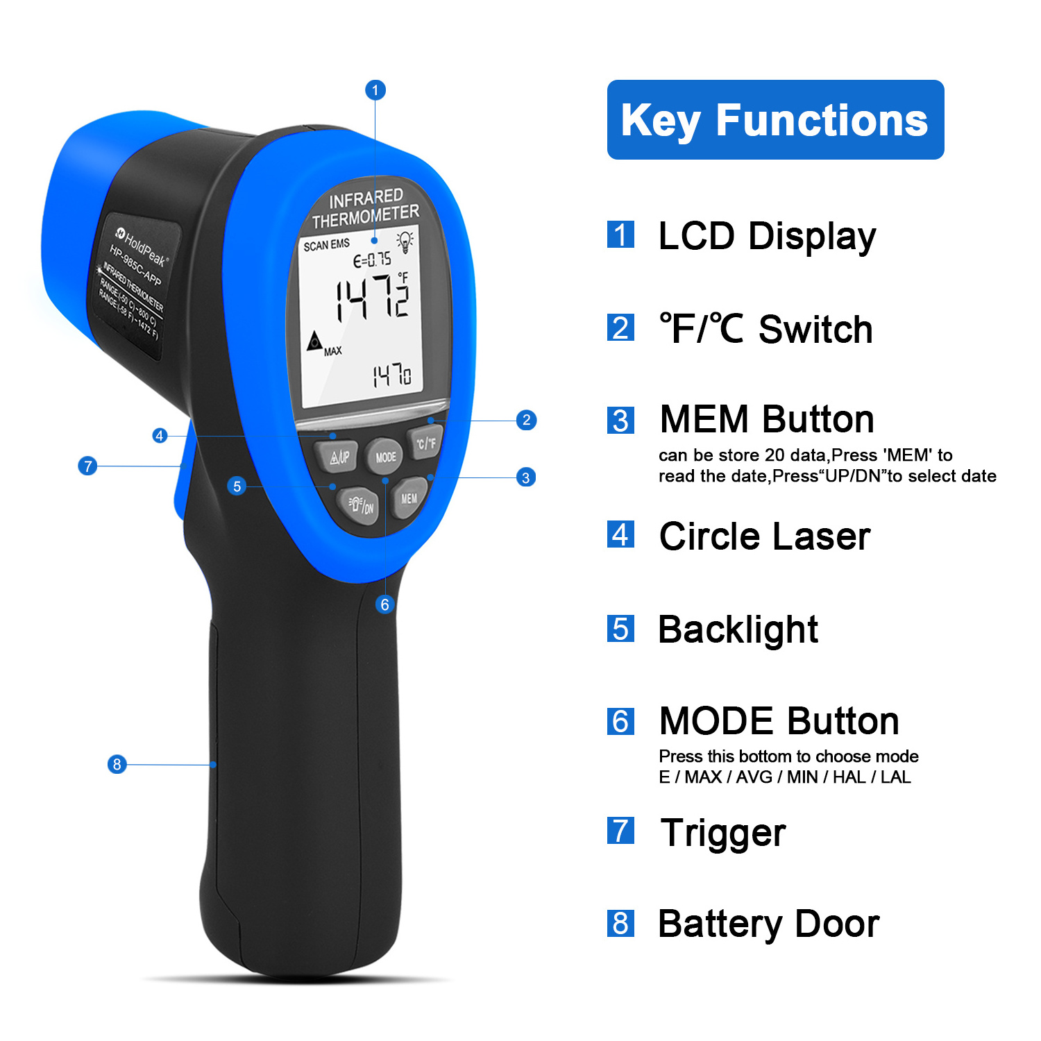 HoldPeak HP-985C-APP IR Infrared Thermometer Handhold -50-800C/-58-1472'F Temperature Meter Gun IR Thermometer W/Bluetooth APP