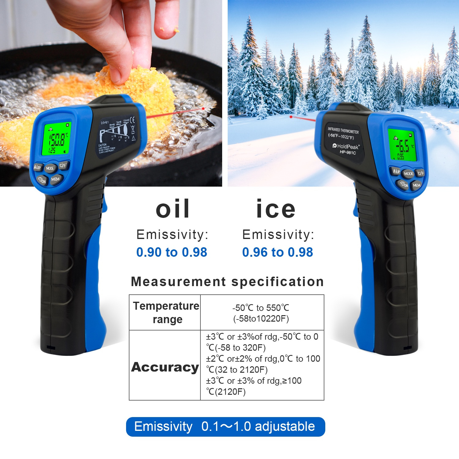 HoldPeak HP-981C Digital IR Thermometer -30~550'C/-22~1022'F Non-Contact Temperature Meter Gun with Data Hold and Backlight