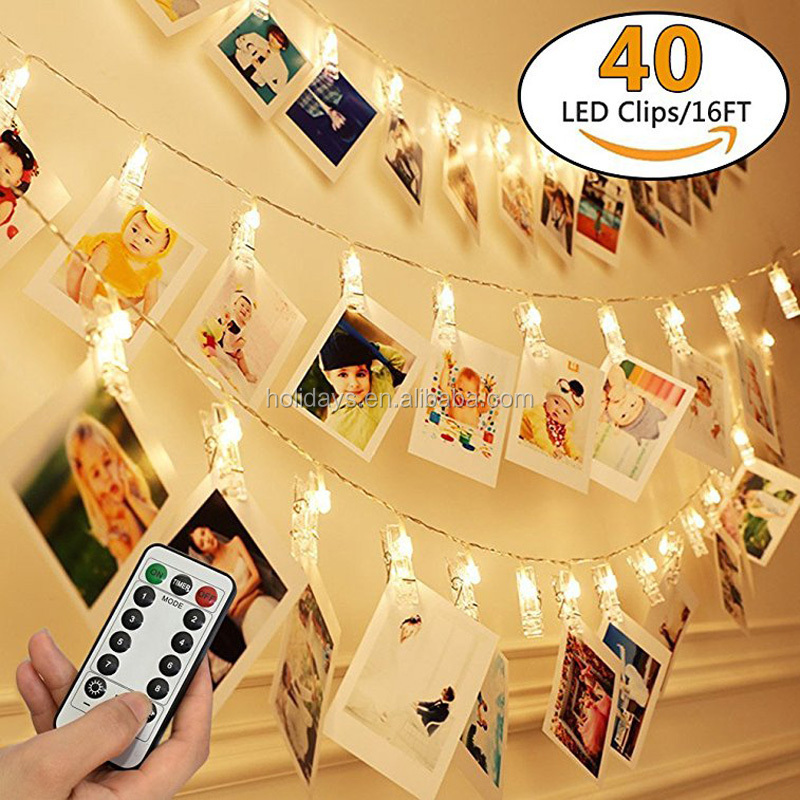 [Remote & Timer] 16 Feet 40 LED Photo Clip String Lights(Warm White) - 8 Modes Choice Battery Operated Photo Clips