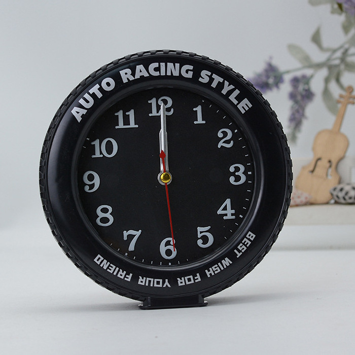 Wholesale fashion 14cm plastic table promotional tire shaped decorative desk clock wheel tyre clock