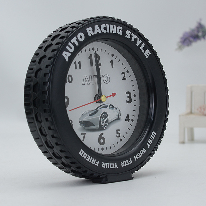 Wholesale fashion 14cm plastic table promotional tire shaped decorative desk clock wheel tyre clock