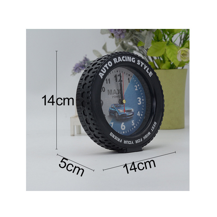 Wholesale fashion 14cm plastic table promotional tire shaped decorative desk clock wheel tyre clock