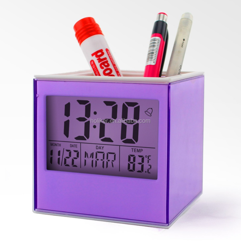 hot sell transparent pencil holder alarm clock with lcd digital desk pen organizer thermometer calendar