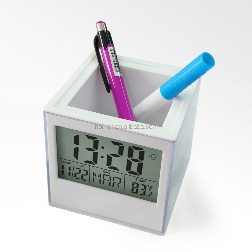 hot sell transparent pencil holder alarm clock with lcd digital desk pen organizer thermometer calendar