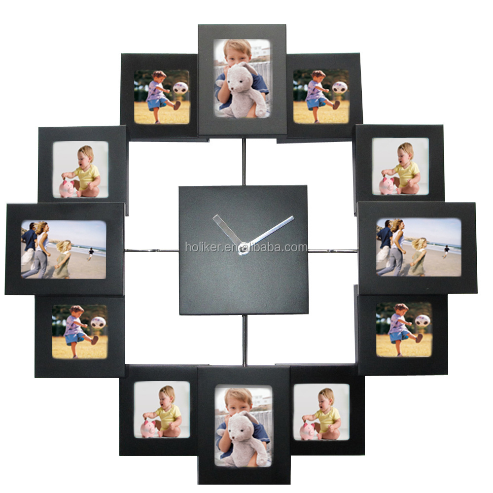 black 12 picture photo frame wall clock stylish modern family picture frame and time piece