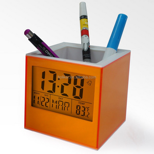 hot sell transparent pencil holder alarm clock with lcd digital desk pen organizer thermometer calendar