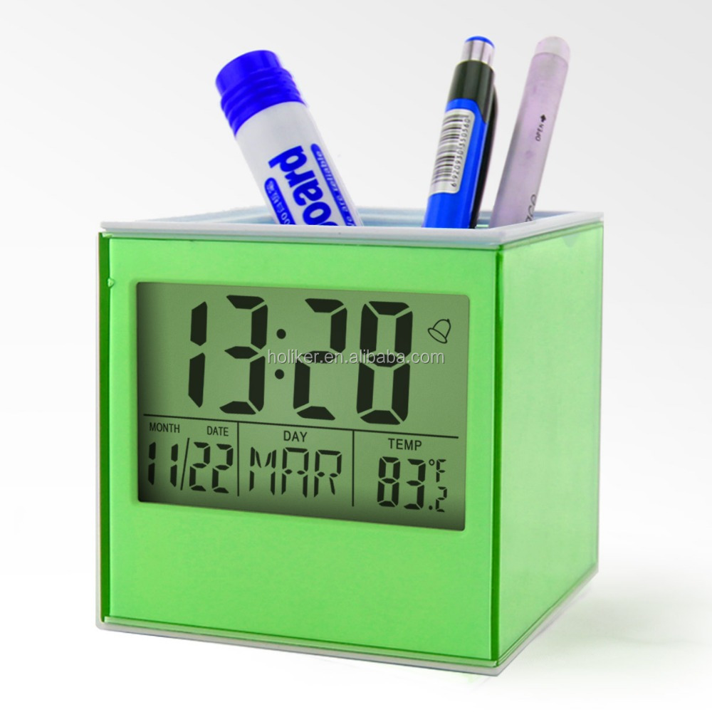 hot sell transparent pencil holder alarm clock with lcd digital desk pen organizer thermometer calendar