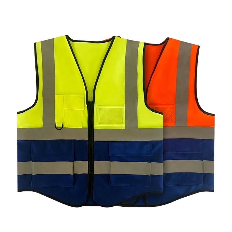 High visibility Two Tone Yellow Blue Safety Vest Reflective Vest With Pockets And Zipper Construction Reflective Vest Jacket