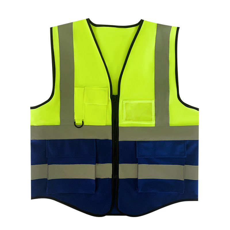 High visibility Two Tone Yellow Blue Safety Vest Reflective Vest With Pockets And Zipper Construction Reflective Vest Jacket