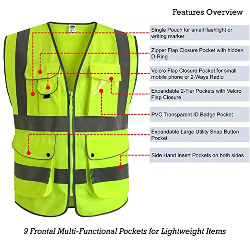 Factory Sales Reflective Safety Vest with 9 Pockets and Zipper Front High Visibility