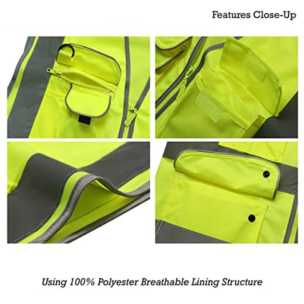 Factory Sales Reflective Safety Vest with 9 Pockets and Zipper Front High Visibility