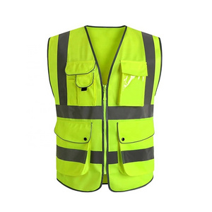 Factory Sales Reflective Safety Vest with 9 Pockets and Zipper Front High Visibility