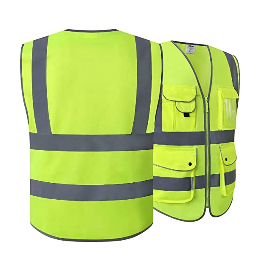 Factory Sales Reflective Safety Vest with 9 Pockets and Zipper Front High Visibility