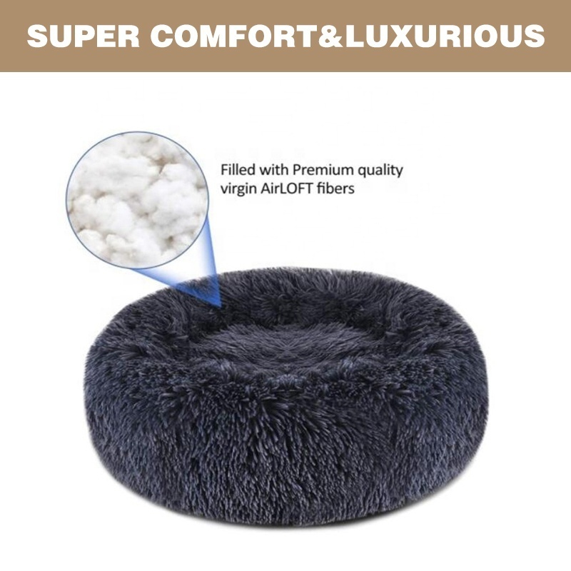 Facx Long Fur Warm Pet Calming Beds Cushion Plush Pillow Cat Nest Fluffy Donut Round Dog Bed