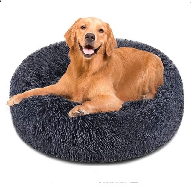 Facx Long Fur Warm Pet Calming Beds Cushion Plush Pillow Cat Nest Fluffy Donut Round Dog Bed