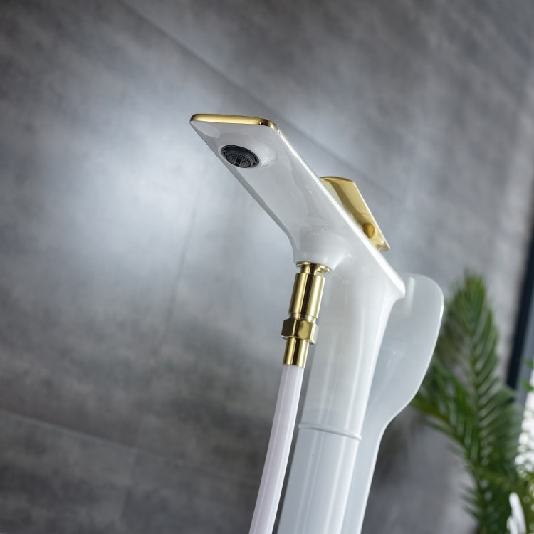 Modern Luxury Hot And Cold Brass White Gold Floor Mounted Free Standing Bath Shower Mixer Floor Stand Bathtub Faucet