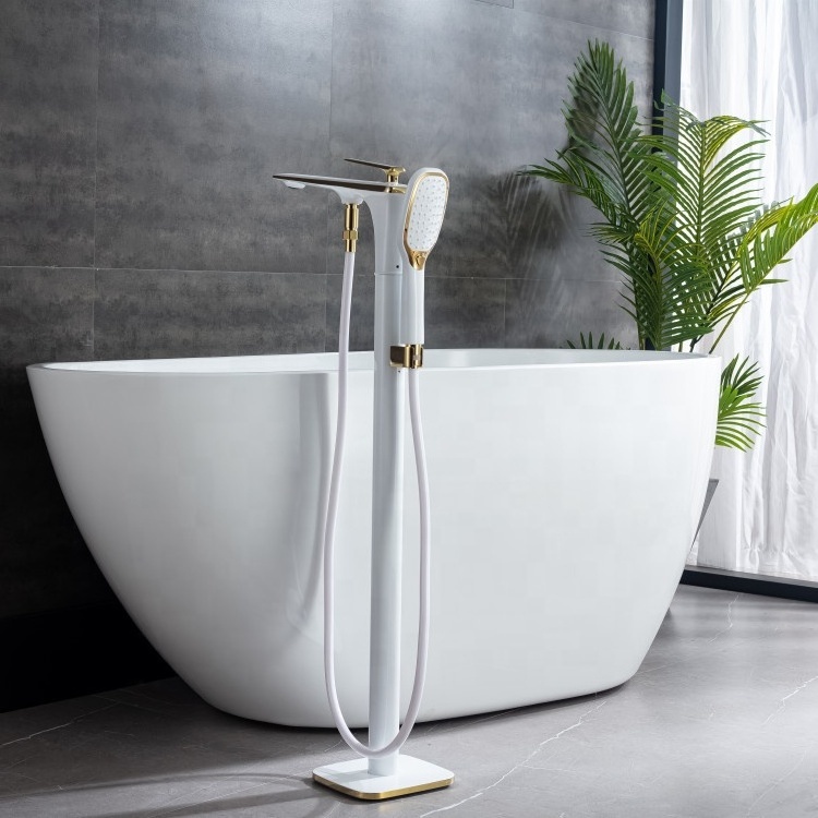 Modern Luxury Hot And Cold Brass White Gold Floor Mounted Free Standing Bath Shower Mixer Floor Stand Bathtub Faucet