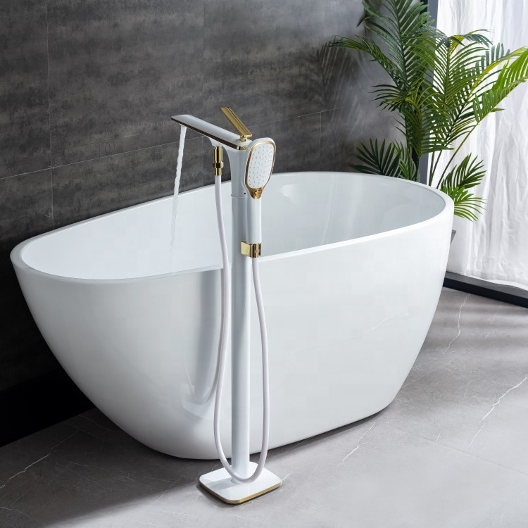 Modern Luxury Hot And Cold Brass White Gold Floor Mounted Free Standing Bath Shower Mixer Floor Stand Bathtub Faucet