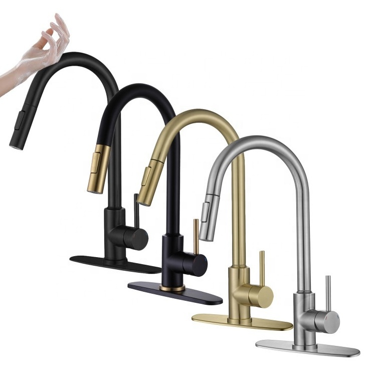 New Upgrade 304 Stainless Steel Hot Cold Water Gold Black Brushed Color Pull Out Smart Touch Sensor Kitchen Faucet