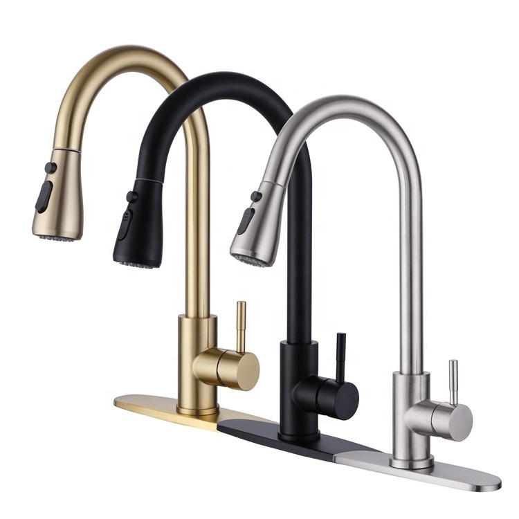 304 Stainless Steel Brushed Pull Down Black Kitchen Faucet