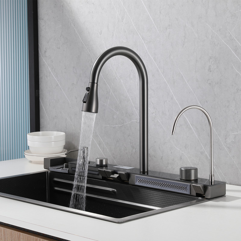 2023 Tiktok New Trend Stepped Design Easy To Clean Multi-function Waterfall Kitchen Faucet Sink With Digital Display