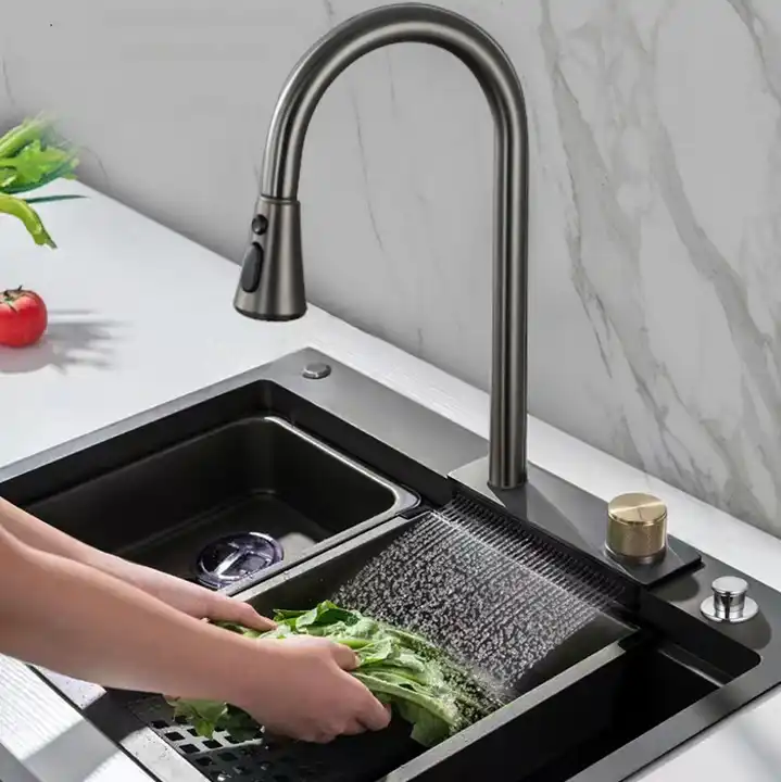 Contemporary New Nano Black Kitchen Sink Pullout Faucet Waterfall Overmount RV Stainless Steel with Grey Modern Apartment 1 Mm