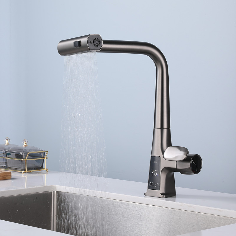 Hot and cold kitchen sink faucet Digital display faucet Brass pull-out kitchen faucet