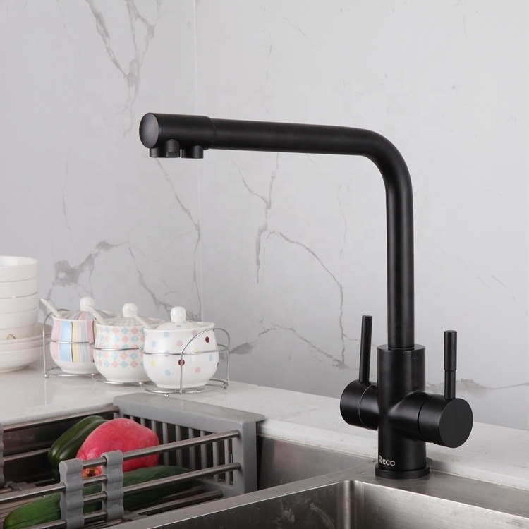 New Style Double Handle 304 Stainless Steel Healthy Drinking Water Filter Black 3 Three Way Mixer Taps Kitchen Sink Faucet