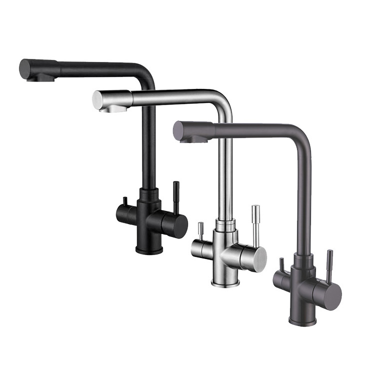 New Style Double Handle 304 Stainless Steel Healthy Drinking Water Filter Black 3 Three Way Mixer Taps Kitchen Sink Faucet