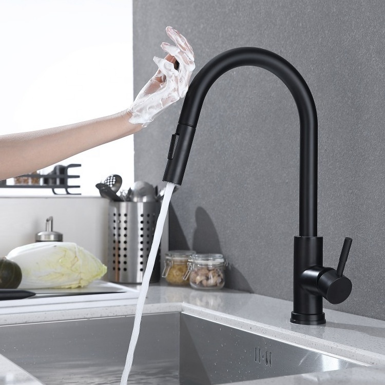 Modern 304 Stainless Steel Kitchen Sink Water Gold Black Brushed Color Pull Out Smart Touch Sensor Kitchen Faucet