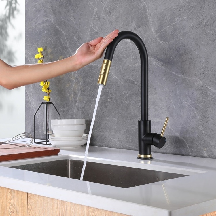 Modern 304 Stainless Steel Kitchen Sink Water Gold Black Brushed Color Pull Out Smart Touch Sensor Kitchen Faucet