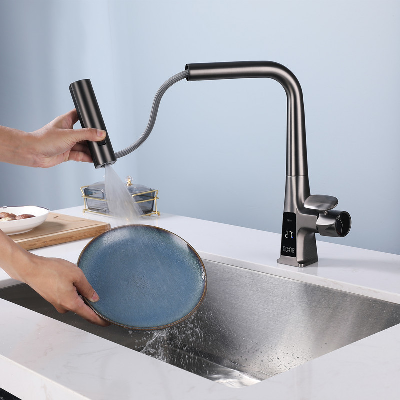 Hot and cold kitchen sink faucet Digital display faucet Brass pull-out kitchen faucet