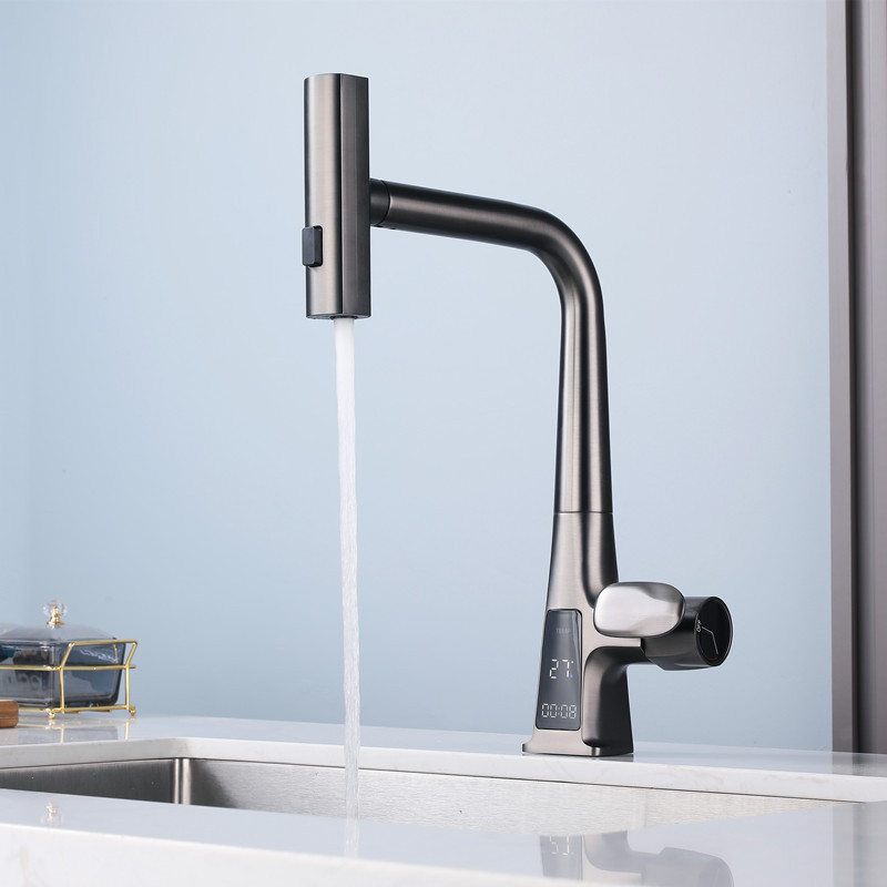 Hot and cold kitchen sink faucet Digital display faucet Brass pull-out kitchen faucet