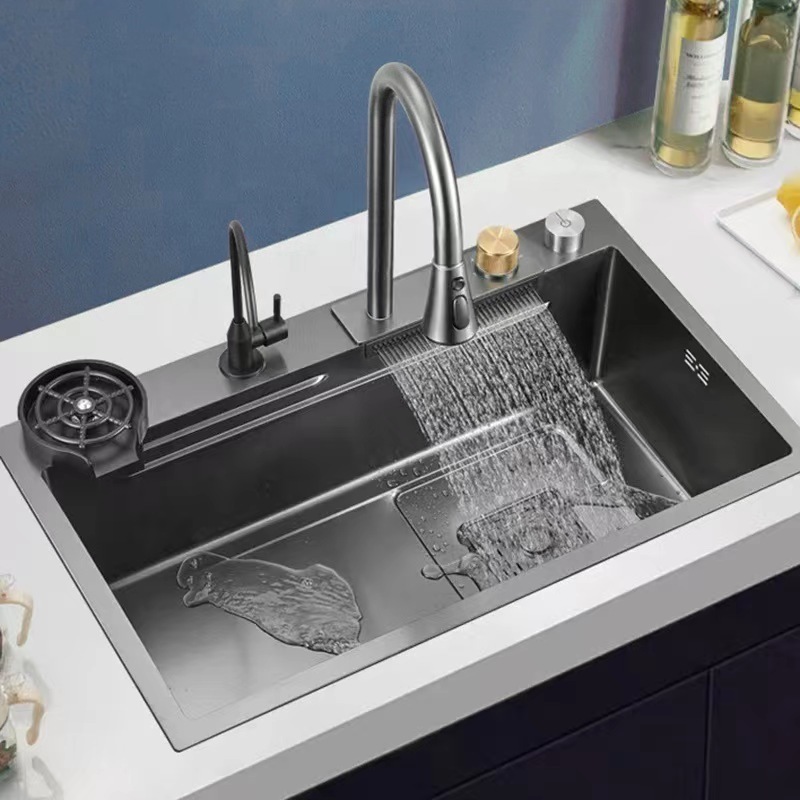 Contemporary New Nano Black Kitchen Sink Pullout Faucet Waterfall Overmount RV Stainless Steel with Grey Modern Apartment 1 Mm