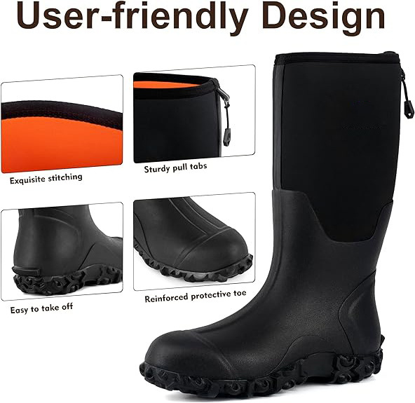 Rain Boots for Men with Steel Shank Waterproof Insulated Rubber Work Boots 5mm Neoprene Durable Mud Boots for Hunting Fishing