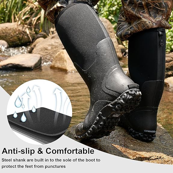 Rain Boots for Men with Steel Shank Waterproof Insulated Rubber Work Boots 5mm Neoprene Durable Mud Boots for Hunting Fishing