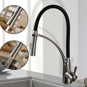 Holmine New Design Black Long neck faucet 360 Degree Rotatable faucet Kitchen with Pull Out Sprayer