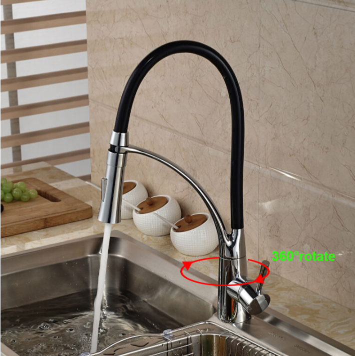 Holmine New Design Black Long neck faucet 360 Degree Rotatable faucet Kitchen with Pull Out Sprayer