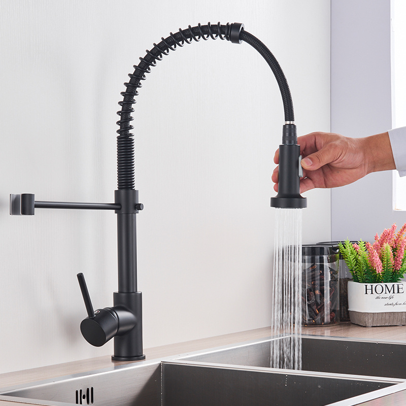 Holmine Black Brass Kitchen Faucet Modern Contemporary Ceramic Brushed Deck Mounted Mixer Tap 360 Degree Rotation Kitchen Faucet