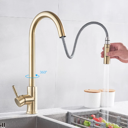 Holmine Brushed Gold Kitchen Faucet Pull Out Kitchen Sink Water Tap Single Handle Mixer Tap 360 Rotation Kitchen Shower Faucet